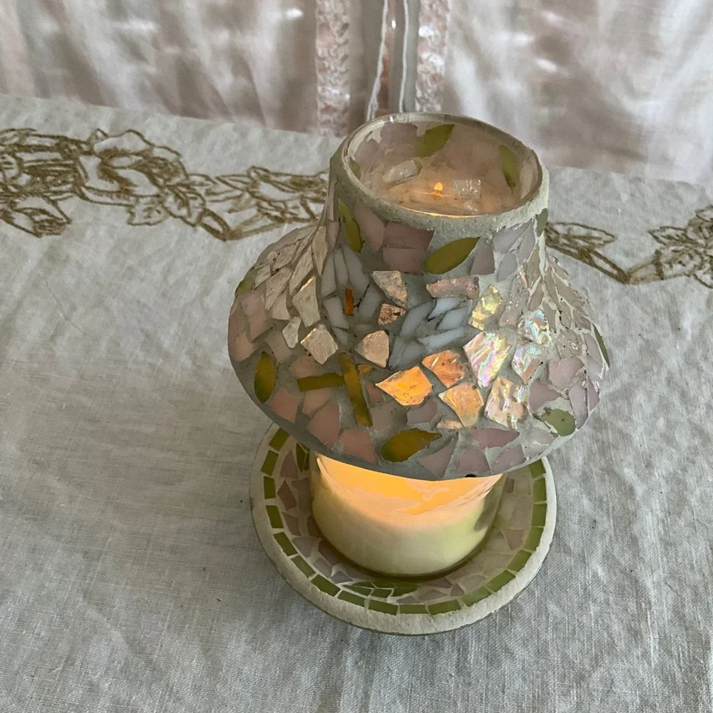 Yankee Candle Mosaic Glass Shade Tray Pink Green Iridescent Floral Fairy Lamp